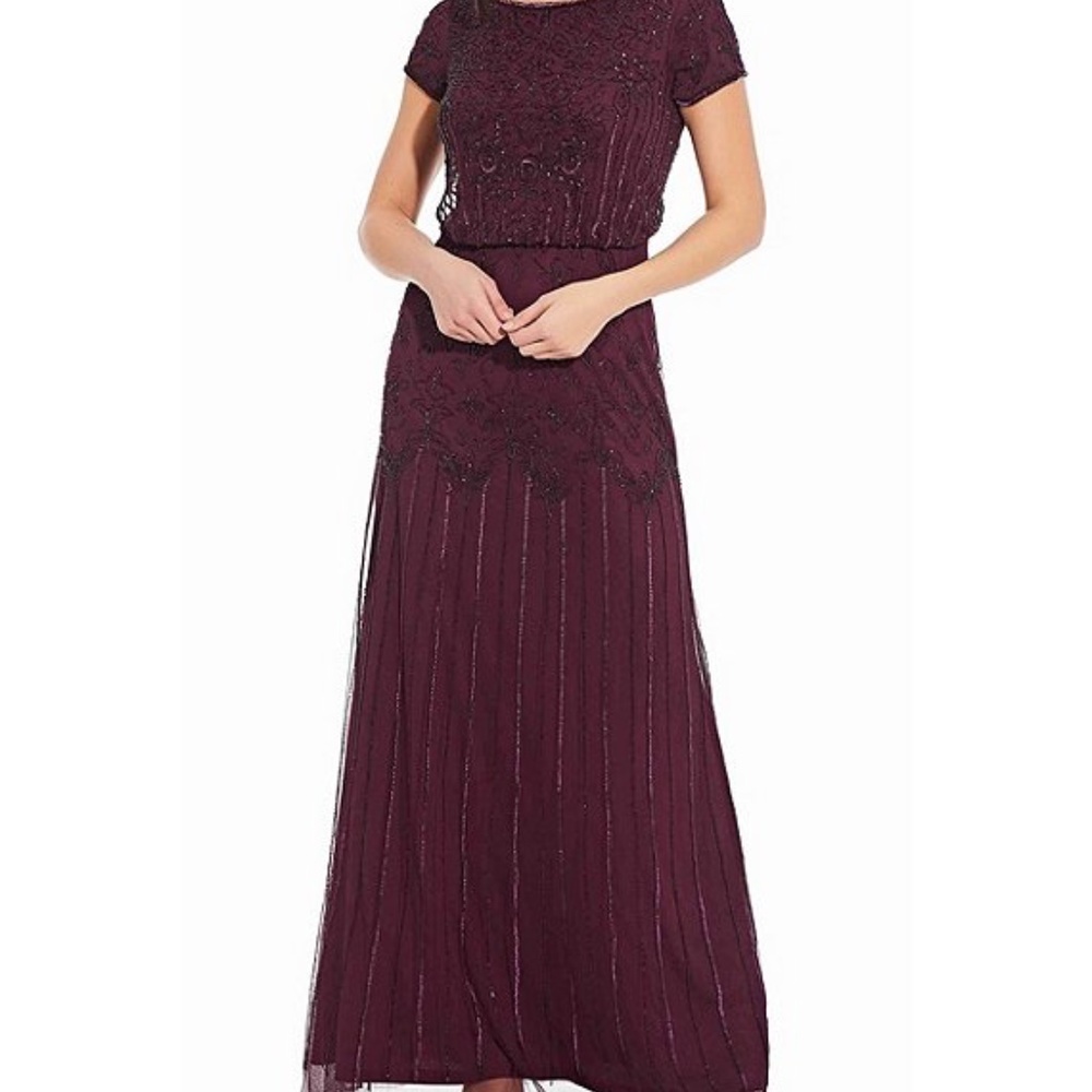 Adrianna Papell SHORT SLEEVE BLOUSON BEADED GOWN IN CASSIS Size 6